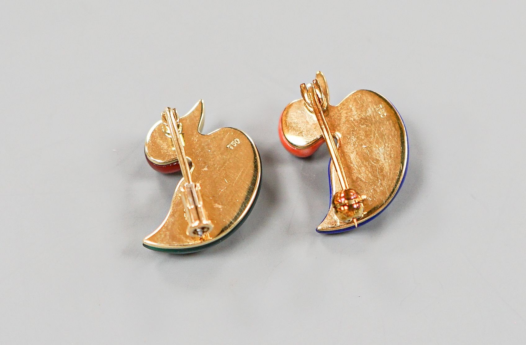 Two modern 18ct gold, diamond and semi precious stone set brooches, each modelled as a duck, 20mm gross weight 8.1 grams.